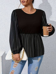 Colorblock Stripe & Dot Print Lantern Sleeve Peplum Shirt