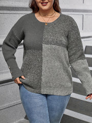 Colorblock Button Decor Casual Sweater