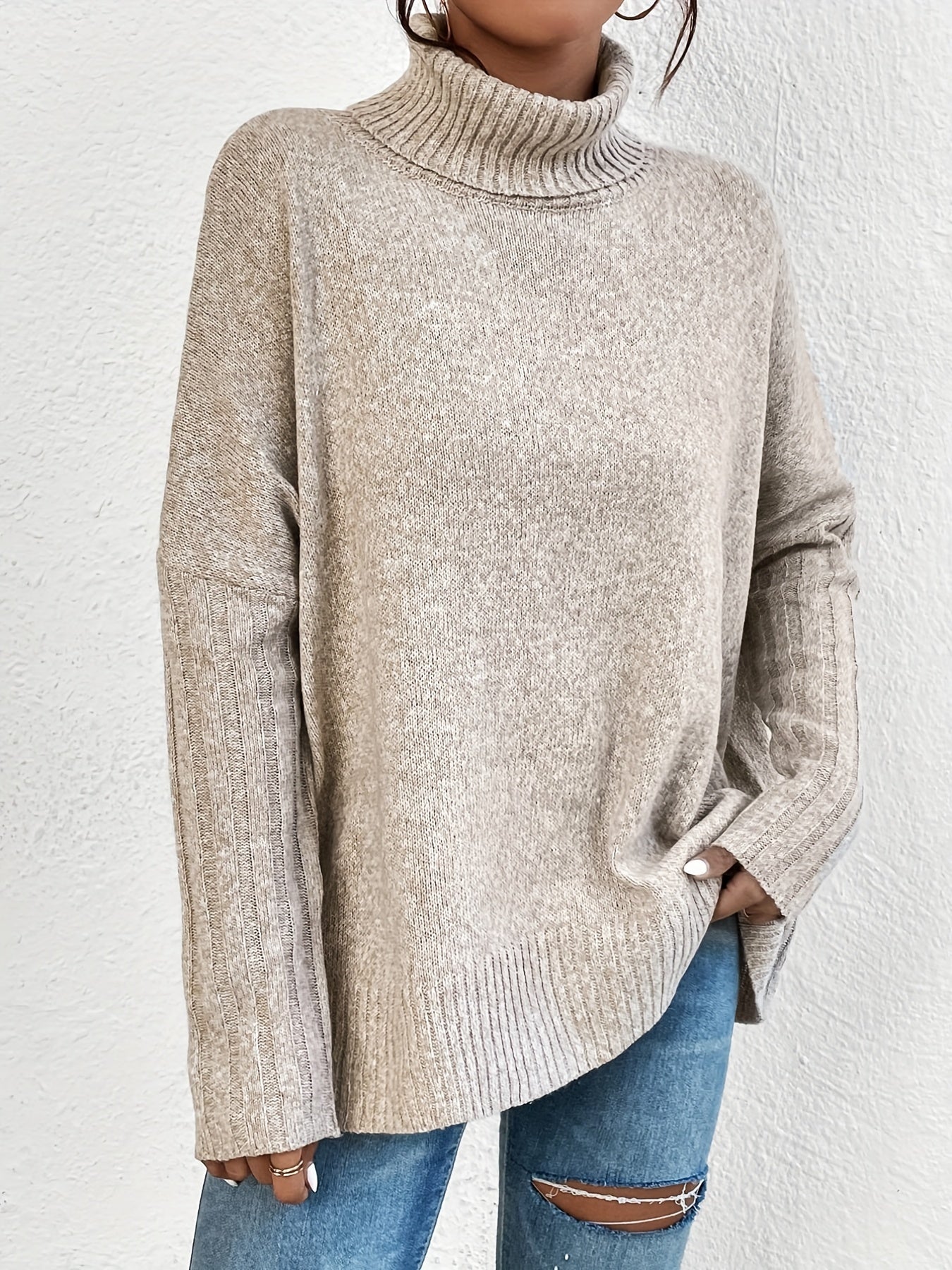 Solid Turtle Neck Pullover Casual Batwing Sleeve Sweater