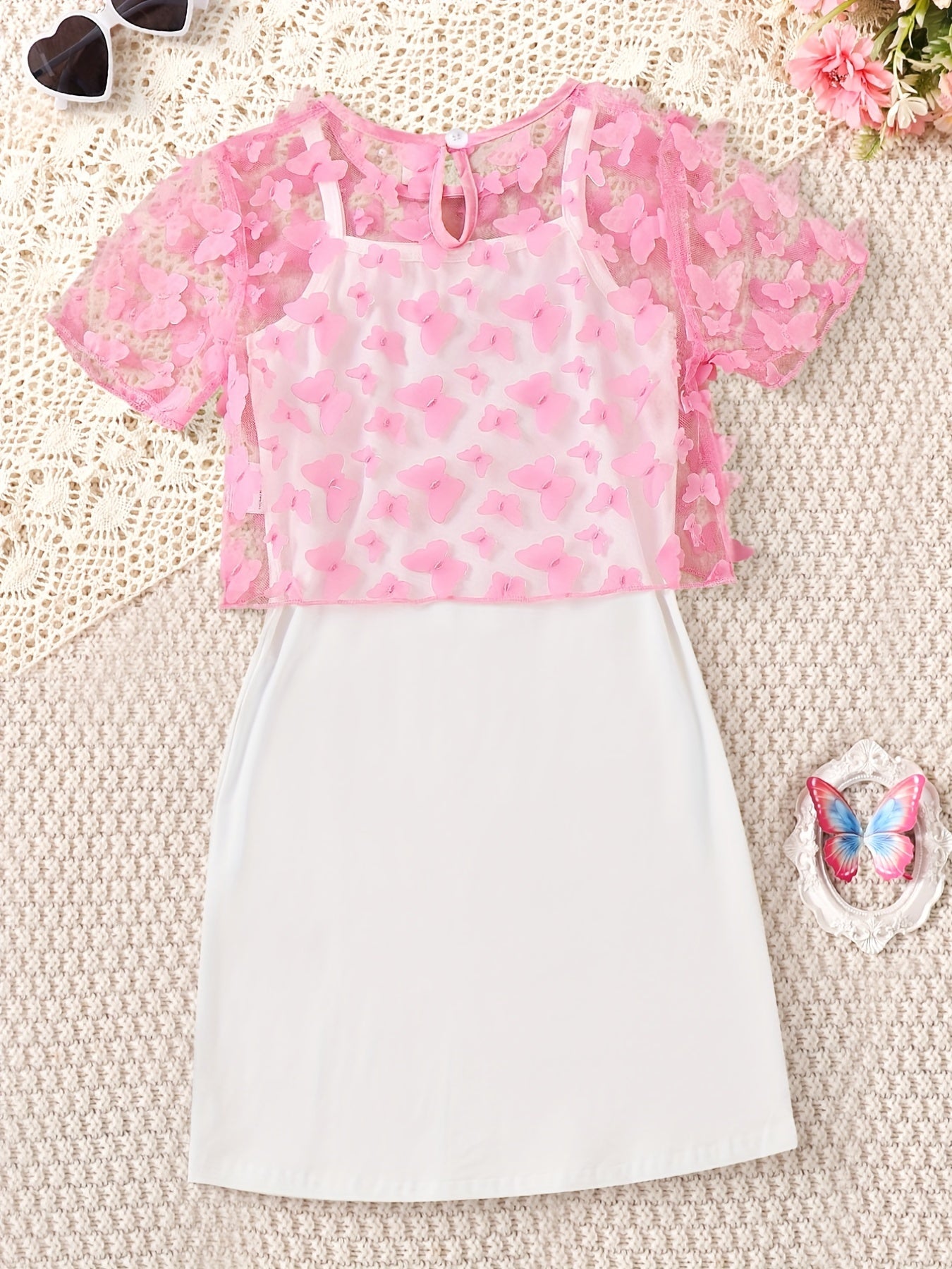 2pcs Toddler Girls Butterfly Graphic Dress & Top Set For Party Beach Vacation