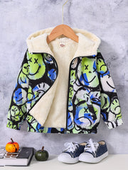 Boy's Tie Dye Happy Face Allover Print Hooded Fleece Jacket Zip Up Coat