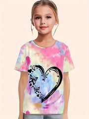 Tie Dye Heart Graphic Short Sleeve T-Shirt for Girls Summer Sports