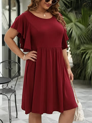 Butterfly Sleeve Casual Dress Round Neck Knee Length
