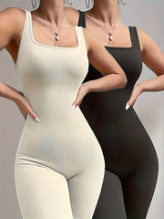 Solid Ribbed Jumpsuit Sleeveless Sports Bodysuit Activewear