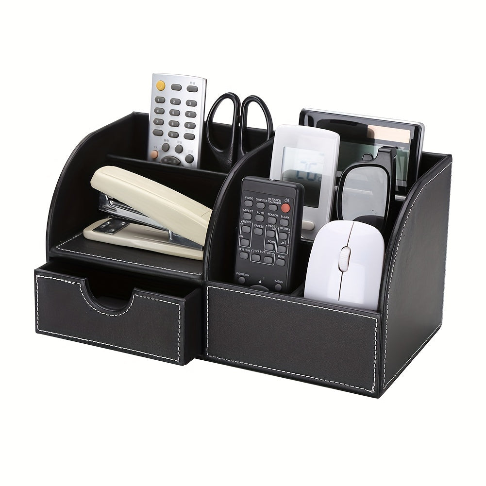 PU Half Leather Desktop Storage Pen Holder with Drawer