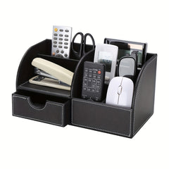 PU Half Leather Desktop Storage Pen Holder with Drawer