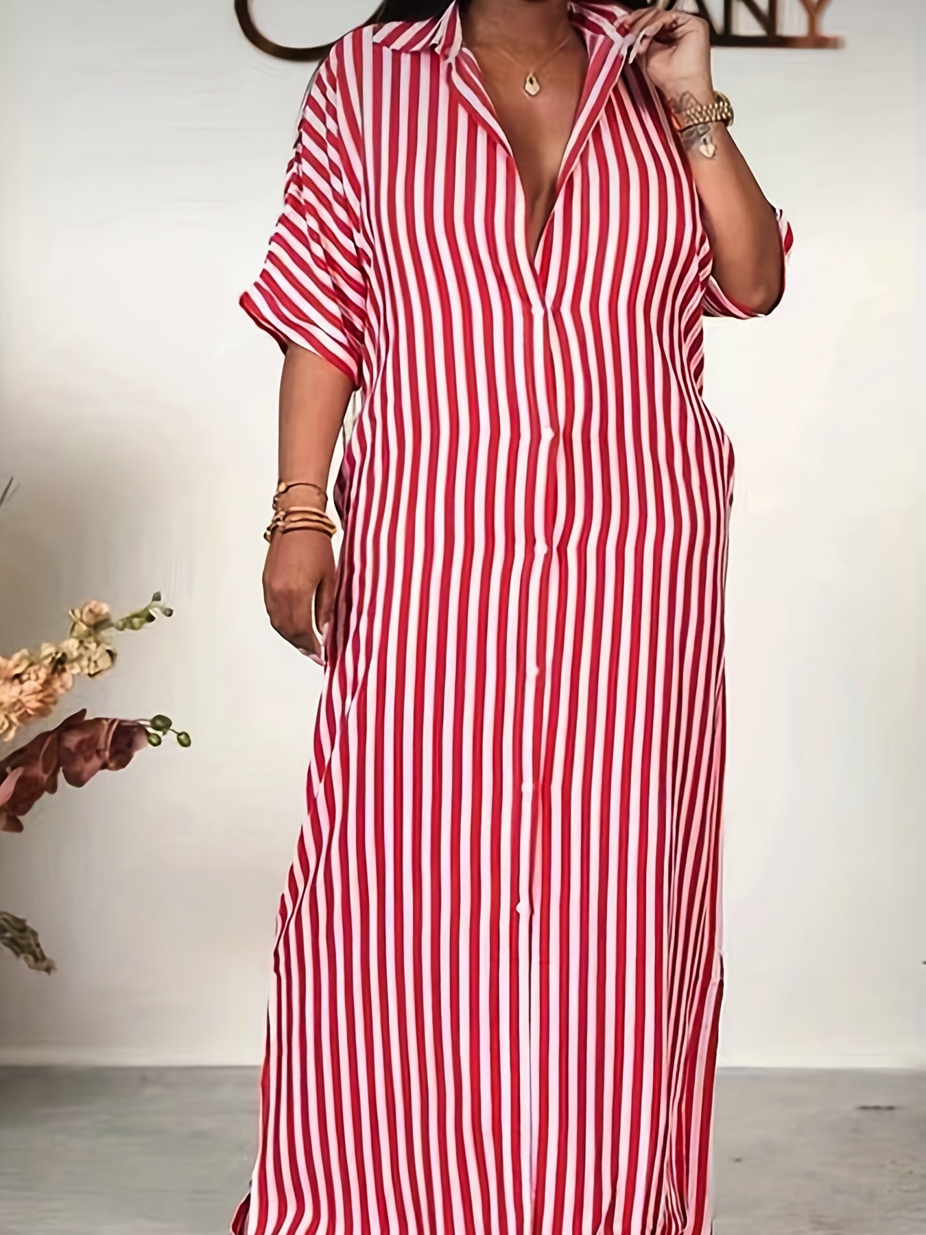 Women's Plus Stripe Print Button Up Maxi Shirt Dress