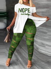 Denim Slogan Print One Shoulder Split Tee & Cut Out Leggings Set