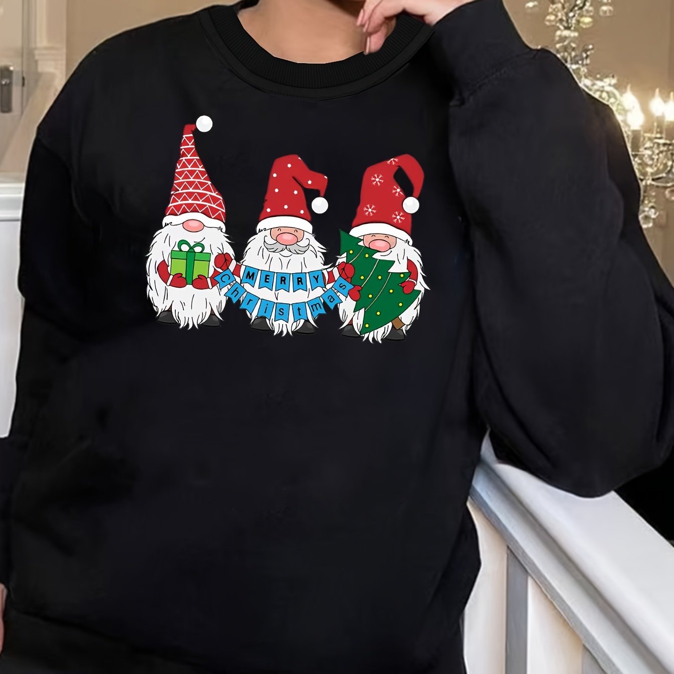 Christmas Loungewear Top Gnomes Print Long Sleeve Round Neck T shirt