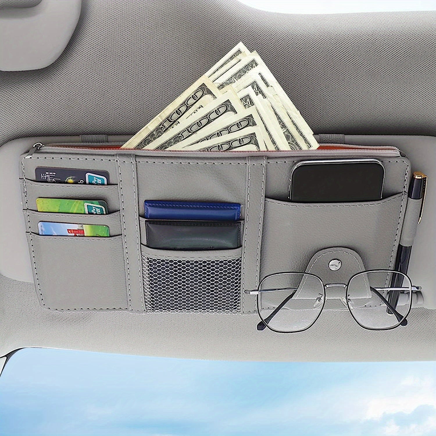 Leather Car Sun Visor Organizer Pocket Pouch & Accessories Holder