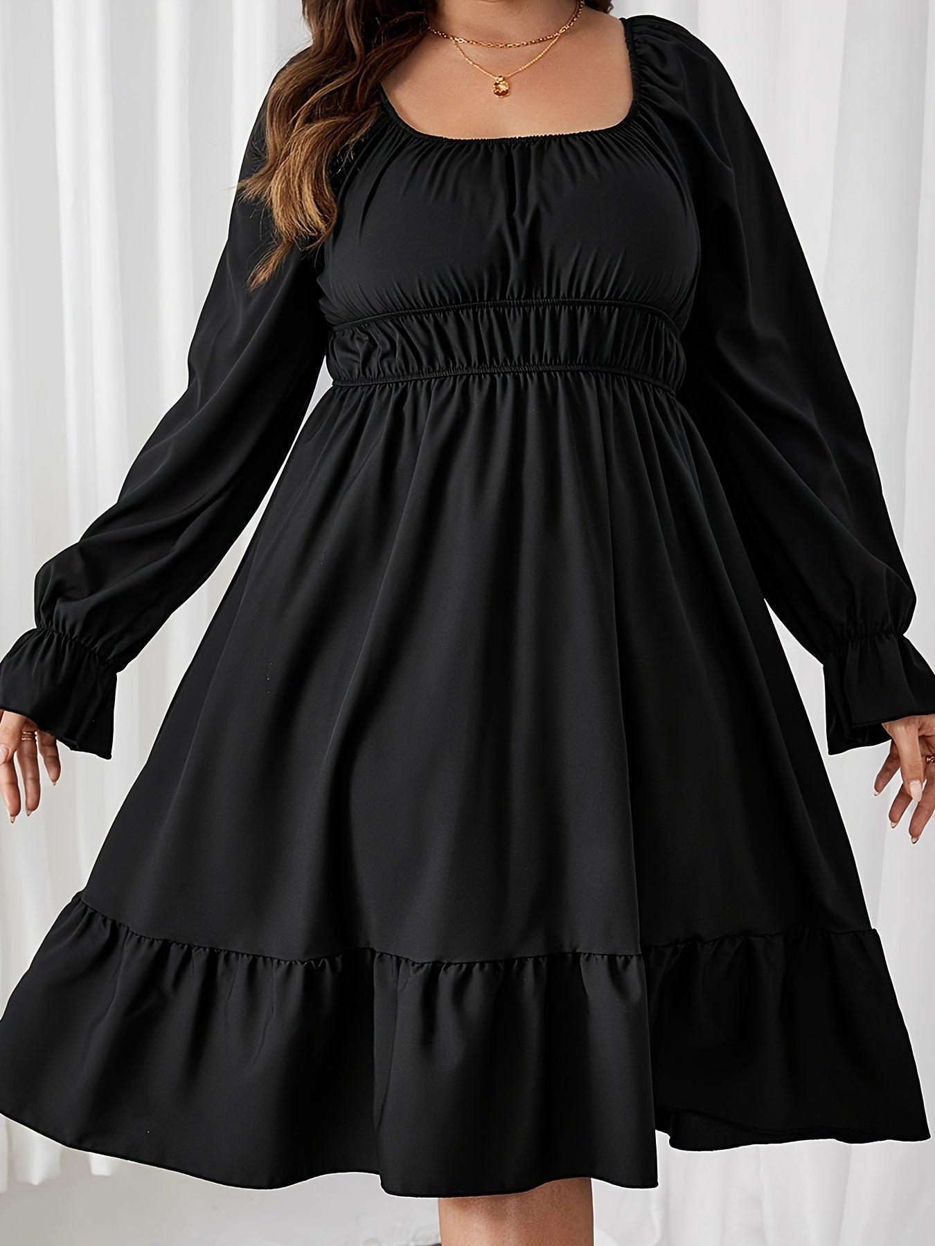 Solid Flounce Sleeve Round Neck Ruffle Trim Dress