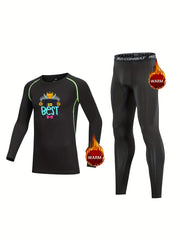 Kids Compression Fleece Sets Cartoon Pattern Crew Neck Pullover Elastic Wai