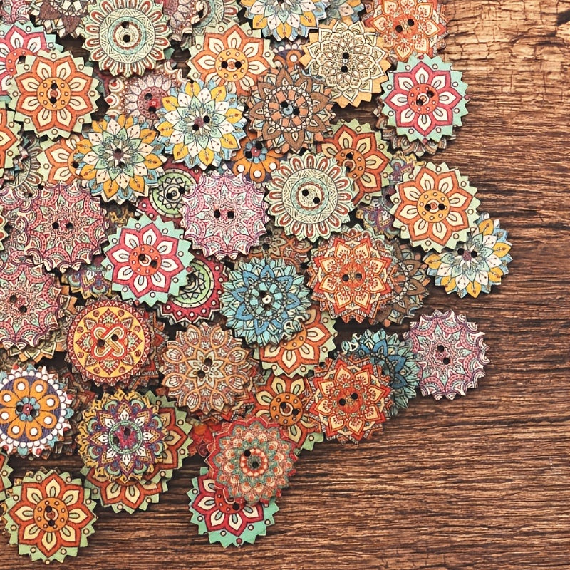 100pcs Bohemian Floral Button Retro Cartoon Wooden Buckle DIY Decoration