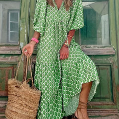 Vacation Tiered Maxi Dress Lace Up Neckline Casual Dress
