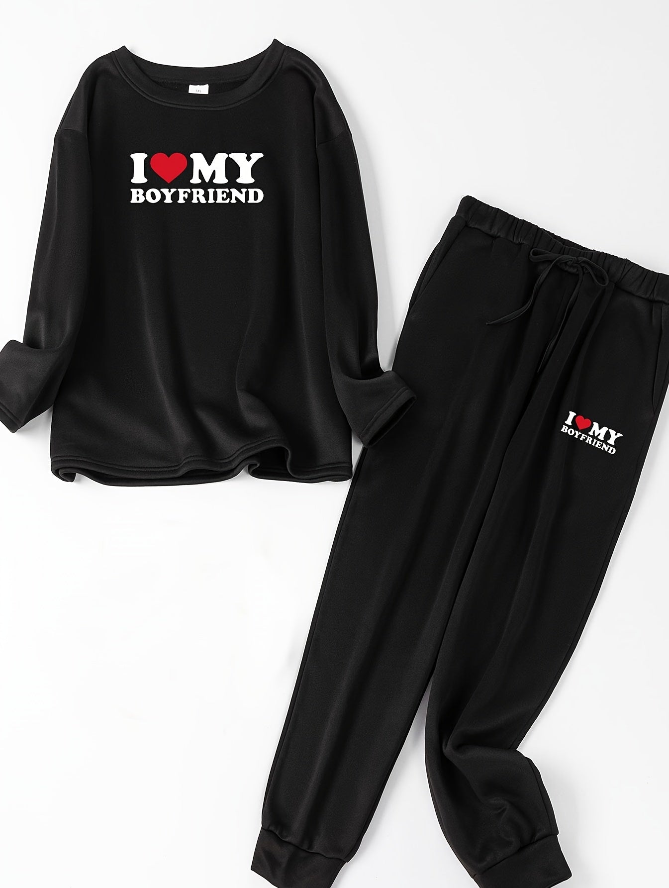 Slogan Print Long Sleeve Round Neck Top & Joggers Pajamas Set