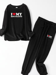 Slogan Print Long Sleeve Round Neck Top & Joggers Pajamas Set