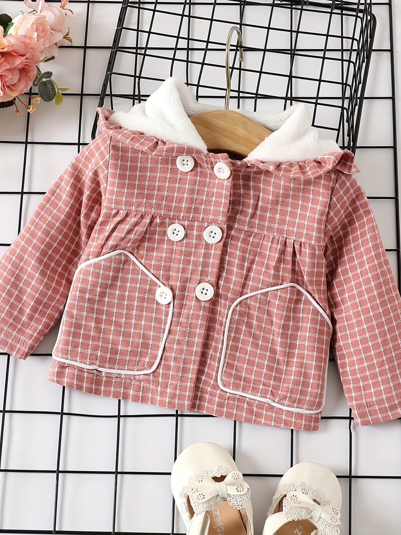 Toddler Baby Girls Pink Gingham Coat With 3D Animal Ears