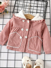 Toddler Baby Girls Pink Gingham Coat With 3D Animal Ears