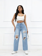 Distressed High Waist Straight Jeans Wide Leg Denim Pants
