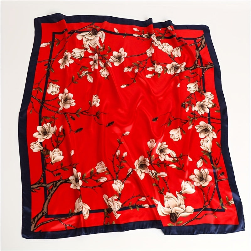 Flower Print Bandana Chinese Style Satin Square Scarf Women Windproof Head Wrap