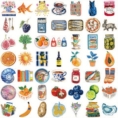 100pcs Mediterranean Food & Sea Life Cartoon Stickers Reusable Vinyl Decals