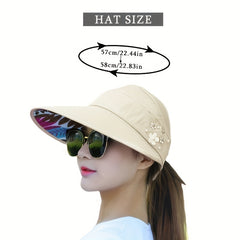 Ponytail Visor Hat Beaded Flower Decor Foldable Sun Hat Lightweight