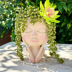 Closed Eyes Quiet Girl Face Succulent Pot with Drainage Hole