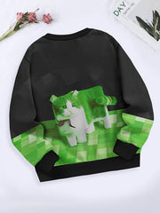 Creative Block Kitty Pattern Long Sleeve Crew Neck Sweatshirt