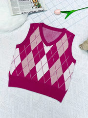 Big Girls Casual V-neck Argyle Graphic Knitted Vest