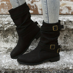 Women's Chunky Heel Boots with Buckle Strap, Slip On Comfortable Western Boots