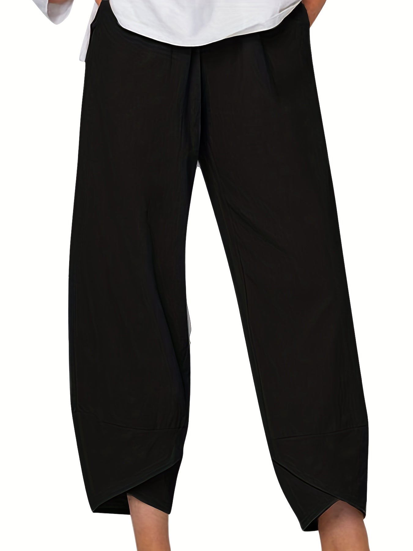 Solid Casual Elastic Waist Summer Pants With Pockets