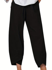 Solid Casual Elastic Waist Summer Pants With Pockets