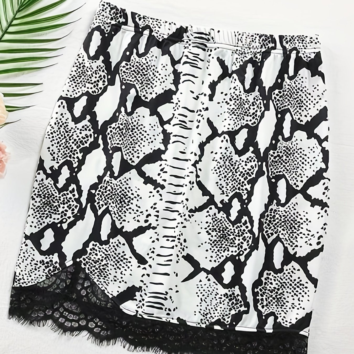 Snake Skin Print Lace Trim Skirt Sexy Slim Elastic Waist Skirt