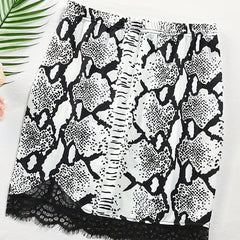 Snake Skin Print Lace Trim Skirt Sexy Slim Elastic Waist Skirt