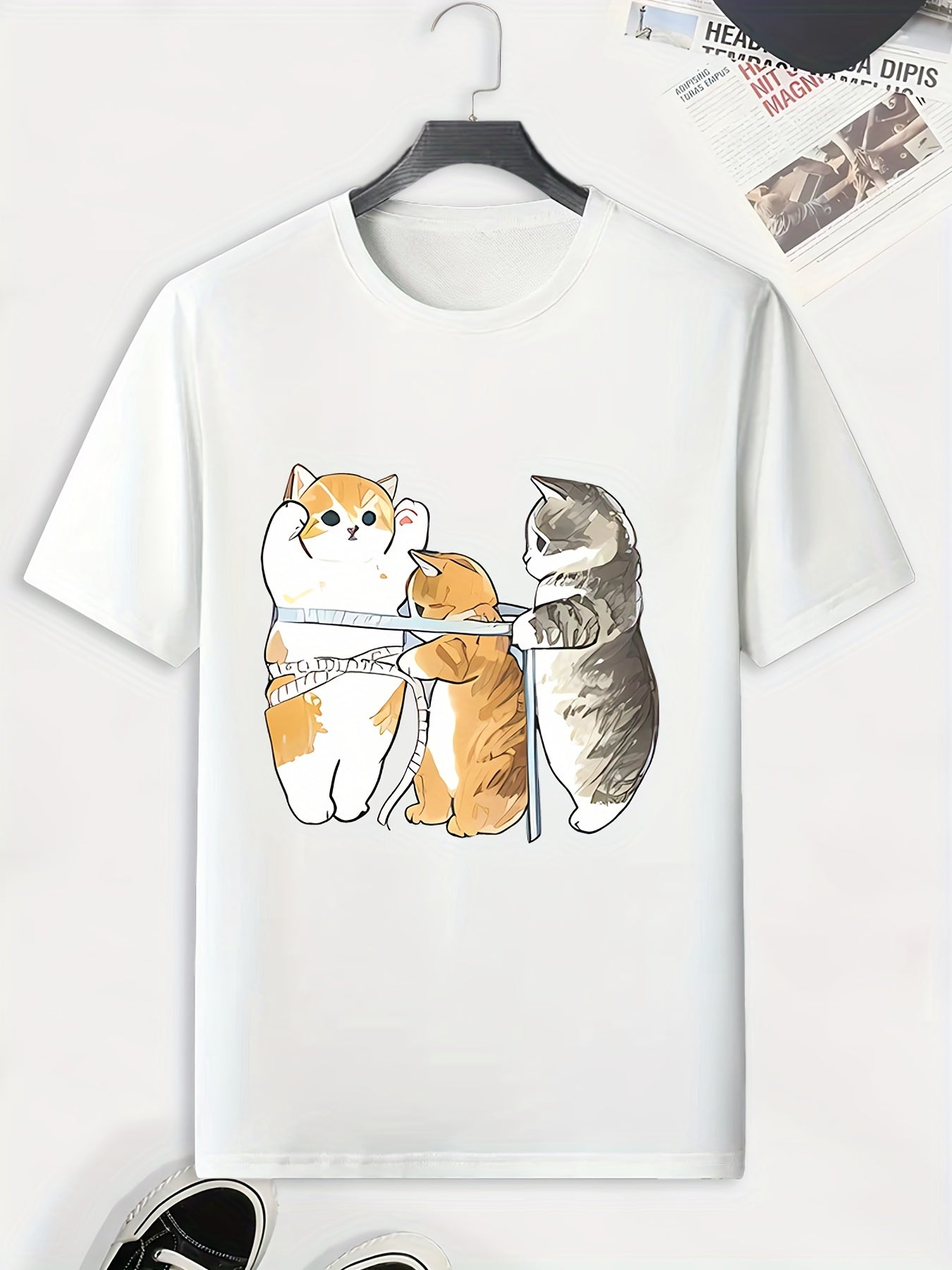 Men's Cartoon Cat Print T-shirt - Outdoor Active Tee