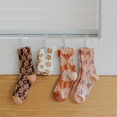 4 Pairs Floral Print Socks Retro Court Style Women's Stockings