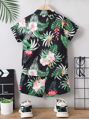 2pcs Boys Tropical Flowers Button Shirt & Shorts Set
