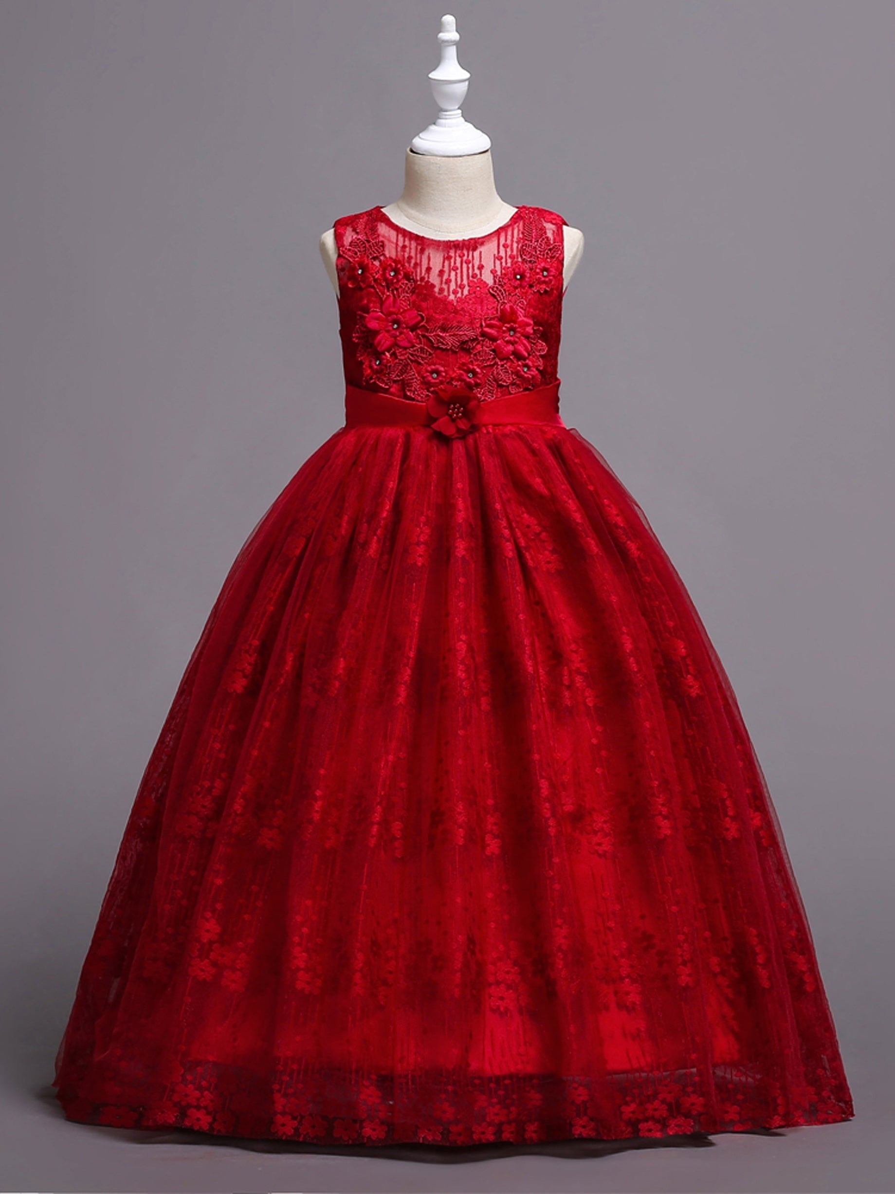 Girls Mesh Flower Embroidery Princess Dress Sleeveless Vintage Tulle Dress