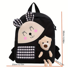 Kids Cartoon Rabbit Plaid Backpack With Teddy Bear Plush