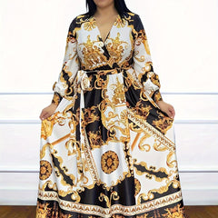 Ethnic Print Long Sleeve Maxi Dress Plus Size