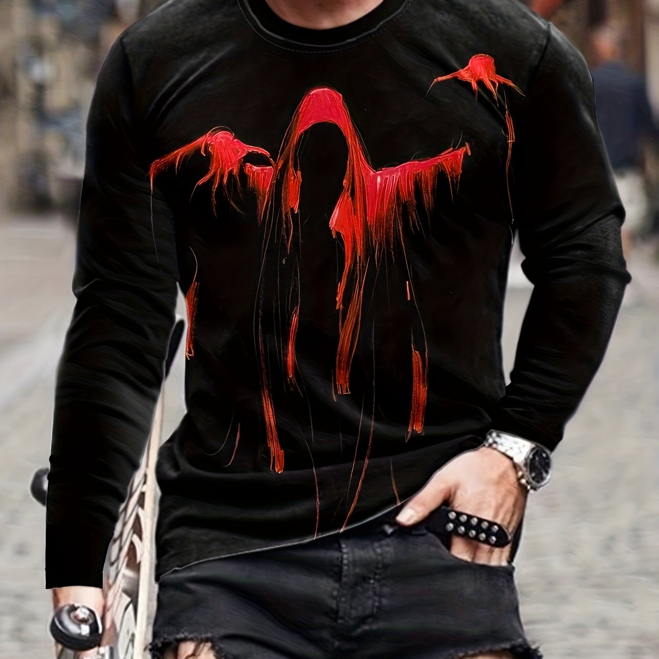 Spooky Man Print Men's Long Sleeve Novelty T shirt Stylish Tees
