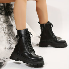 Ankle Combat Boots with Chain Lace Up Side Zipper Short Boots