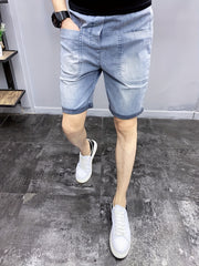 Cuffed Denim Shorts Men's Street Style Stretch Cotton Blend Shorts