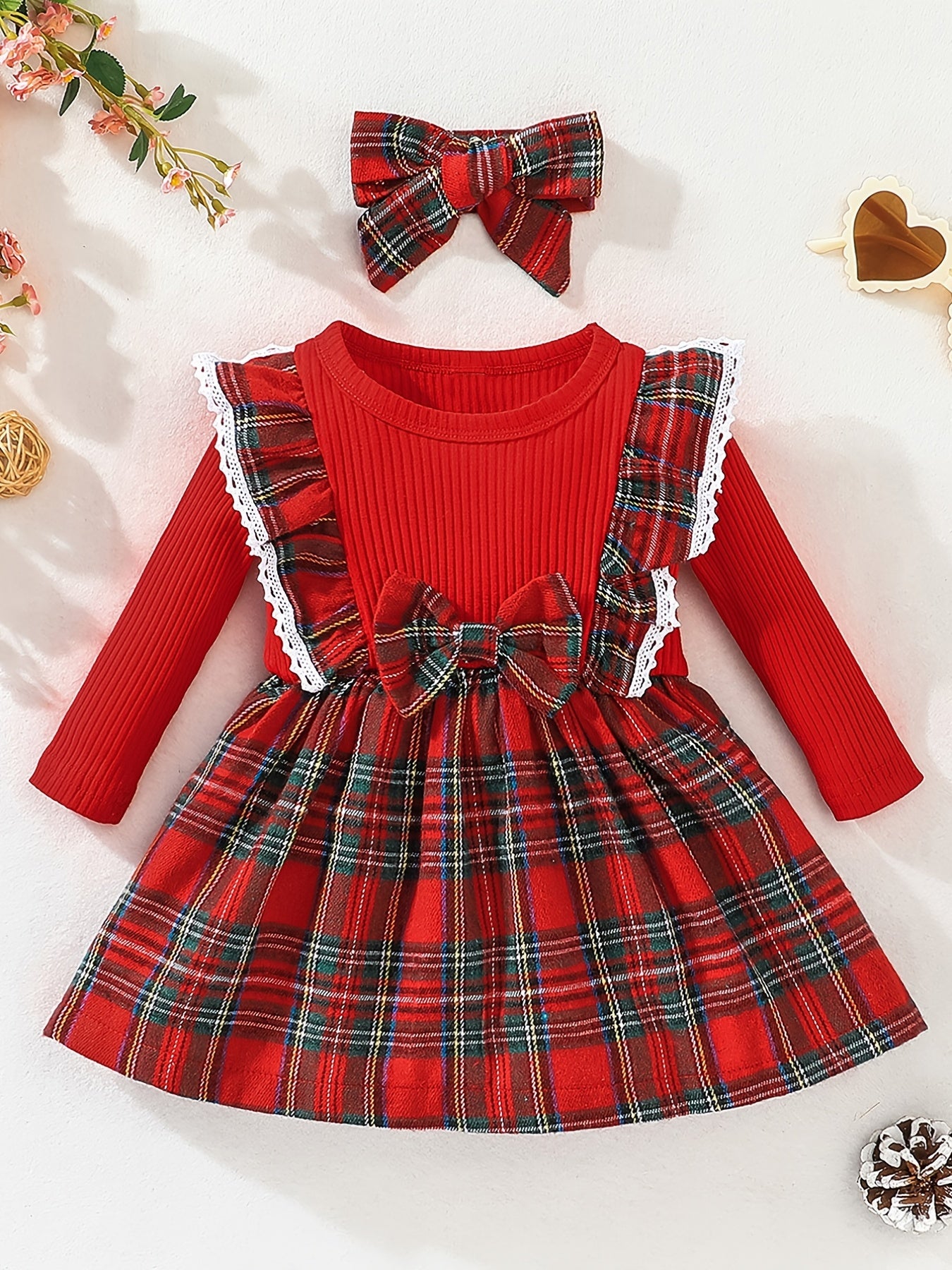 Christmas Baby Girl Plaid Ruffle Long Sleeve Dress With Bowknot & Headband