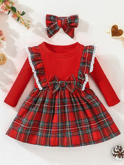 Christmas Baby Girl Plaid Ruffle Long Sleeve Dress With Bowknot & Headband