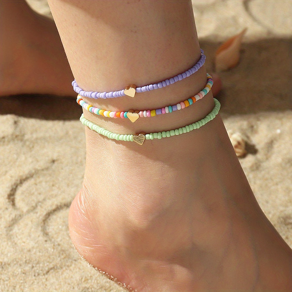 Colorful Beaded Anklet Set With Heart Shape Beads 3pcs