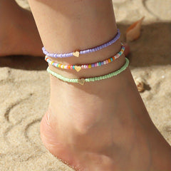 Colorful Beaded Anklet Set With Heart Shape Beads 3pcs
