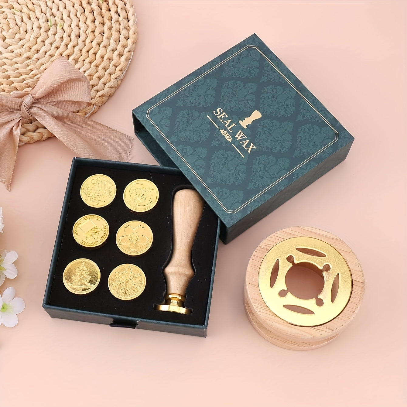 Green Retro Style Wax Seal Set - 1 Wax Seal, 6 Copper Heads