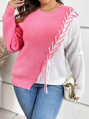 Colorblock Lace Up Crew Neck Casual Sweater