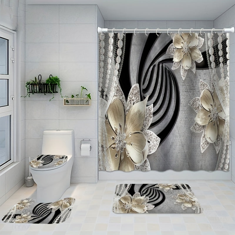Christmas Waterproof Shower Curtain Set with Non Slip Mat and Toilet Seat Cover